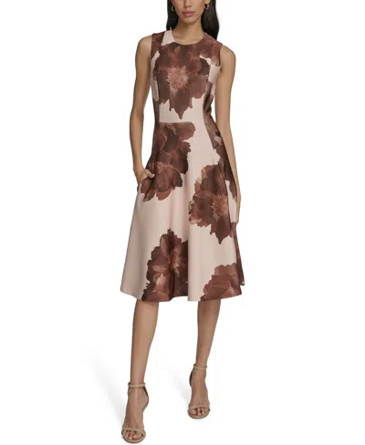 Calvin Klein Women's Printed Scuba Fit & Flare Dress In Brown