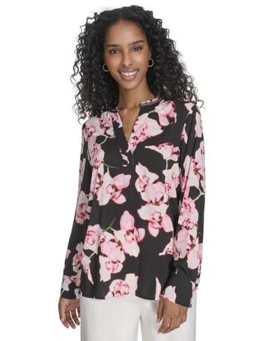 Calvin Klein Women's Printed Split-neck Long-sleeve Shirt In Black Multi