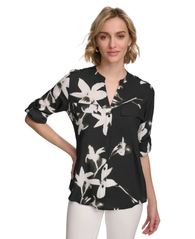 Calvin Klein Women's Floral Print Button Down Shirt In Black Multi