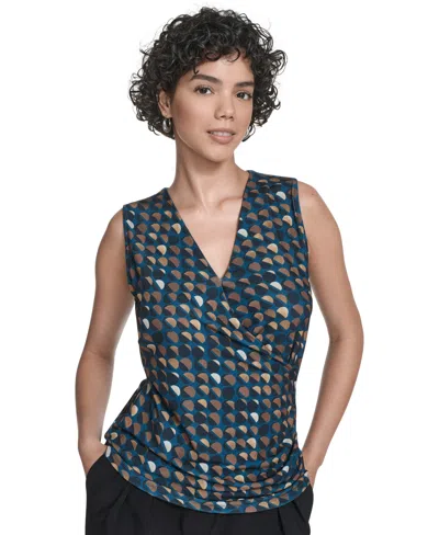 Calvin Klein Women's Printed Surplice-neck Ruched Blouse In Blue