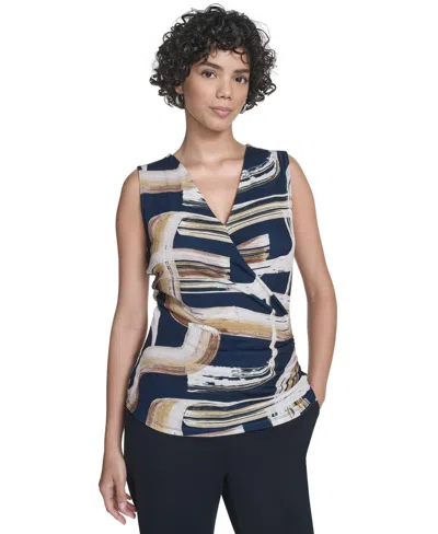 Calvin Klein Women's Printed Surplice-neck Ruched Blouse In Multi