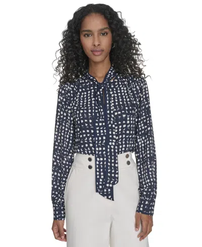 Calvin Klein Women's Printed Tie-neck Blouse In Navy,cream