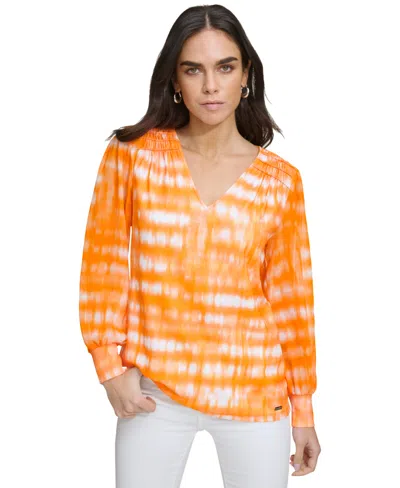 Calvin Klein Women's Printed V-neck Blouson-sleeve Top In Orange