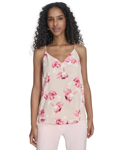 Calvin Klein Women's Printed V-neck Sleeveless Top In Soft Taupe Multi