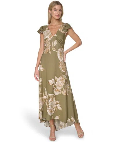 Calvin Klein Women's Printed V-neck Midi Dress In Light Olive Multi