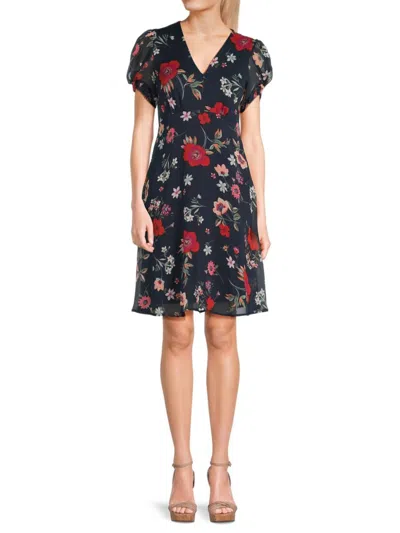 Calvin Klein Women's Puff Sleeve Floral Fit & Flare Dress In Blue Multi