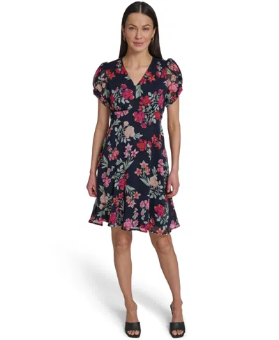 Calvin Klein Women's Puff-sleeve Printed V-neck Chiffon Dress In Multi
