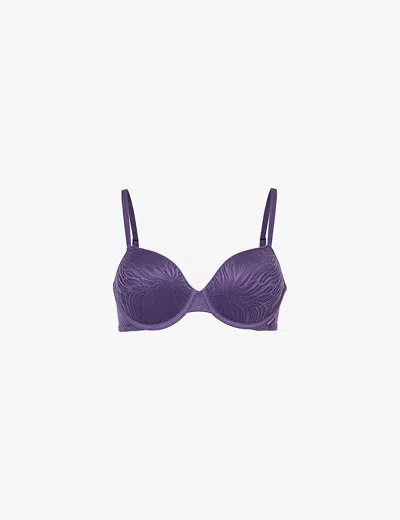 Calvin Klein Womens Purple Plumeria Brand-print Underwired Stretch-recycled Nylon Bra