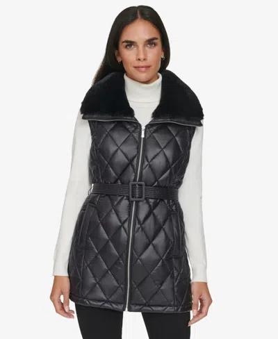 Calvin Klein Womens Faux Fur Cold Weather Puffer Vest In Black