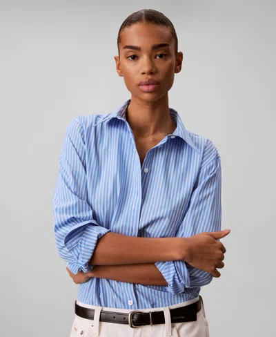 Calvin Klein Women's Regular Fit Long-sleeve Collared Shirt In Blue