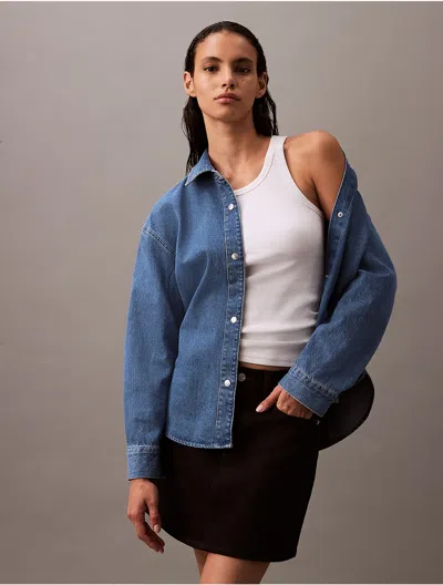 Calvin Klein Women's Relaxed Denim Button-down Shirt In Klein Blue