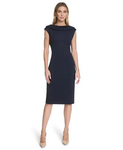 Calvin Klein Women's Rhinestone-embellished Boat Neck Cowl Back Sheath Dress In Blue