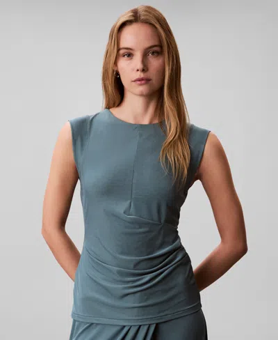 Calvin Klein Women's Rib Ruched Crewneck Sleeveless Tank Top In Blue
