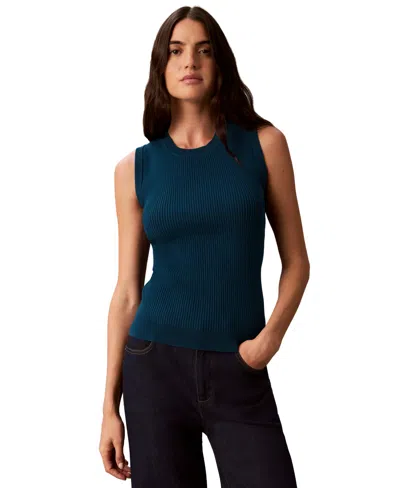 Calvin Klein Women's Ribbed Crewneck Sleeveless Tank In Estate Blue