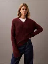 Calvin Klein Women's Ribbed Knit V-neck Sweater In Cherrywood