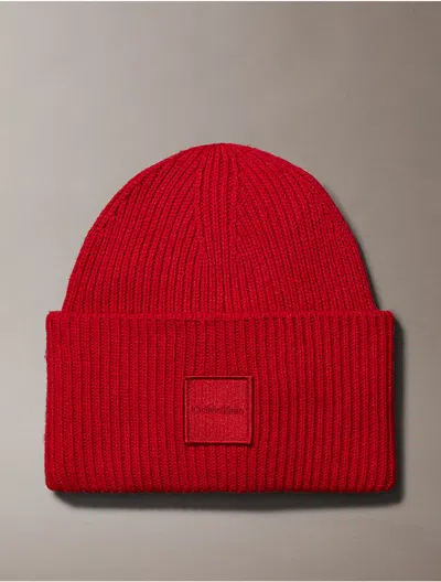 Calvin Klein Women's Ribbed Monogram Logo Badge Beanie In Red