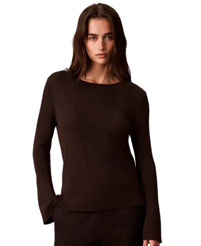 Calvin Klein Women's Ribbed Sculpted-sleeve Crewneck Sweater In Brown