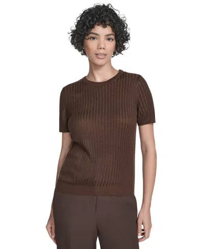 Calvin Klein Women's Ribbed Short-sleeve Sweater In Brown