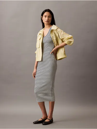 Calvin Klein Women's Ribbed Stripe Slim Midi Dress In Baritone Blue Stripe