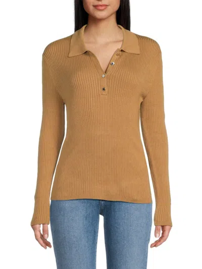 Calvin Klein Women's Ribbed Sweater Polo In Tan