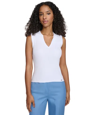 Calvin Klein Women's Ribbed V-neck Sleeveless Sweater Top In White