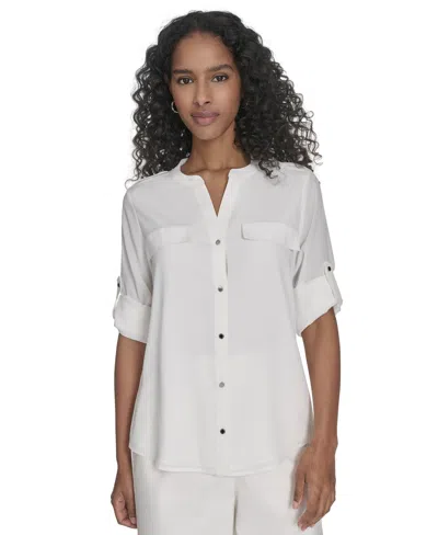 Calvin Klein Women's Roll-tab Blouse In Cream