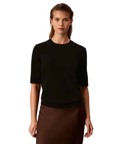 Calvin Klein Women's Roll-tab Short-sleeve Crewneck Sweater In Black