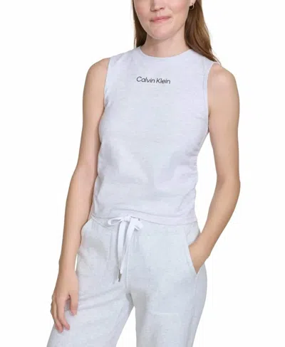 Calvin Klein Women's Rouched Crewneck Logo Tank Top In Optic Heather In Gray
