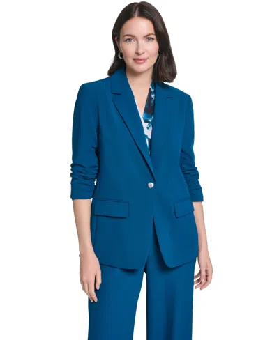Calvin Klein Women's Ruched 3/4-sleeve Notch Collar One-button Jacket In Blue