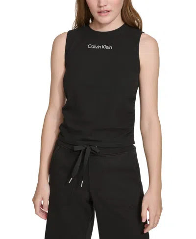 Calvin Klein Women's Ruched Crewneck Logo Tank Top In Black