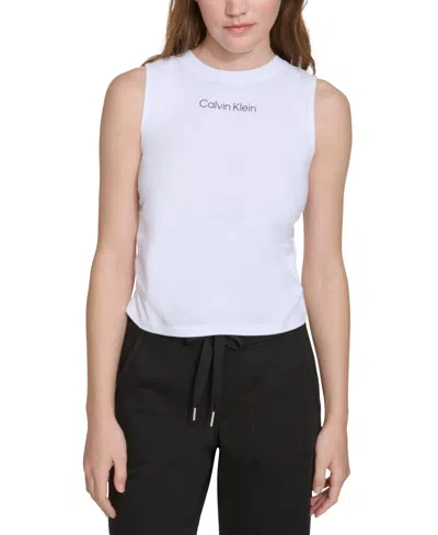 Calvin Klein Women's Ruched Crewneck Logo Tank Top In White