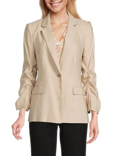 Calvin Klein Women's Ruched Sleeve Linen Blend Blazer In Latte
