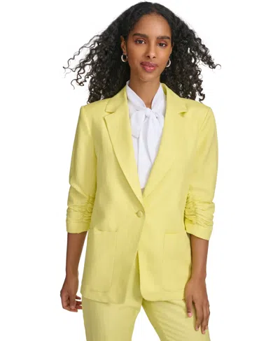 Calvin Klein Women's Ruched-sleeve Single-button Blazer In Pear