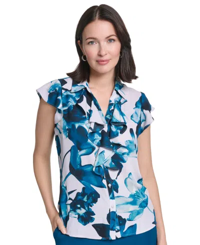 Calvin Klein Women's Ruffle Front Collared Blouse In Blue