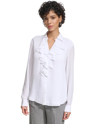 Calvin Klein Women's Ruffle-front Long-sleeve Shirt In White