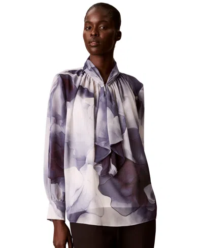 Calvin Klein Womens Ruffle Neck Floral Print Chiffon Blouse In Purple