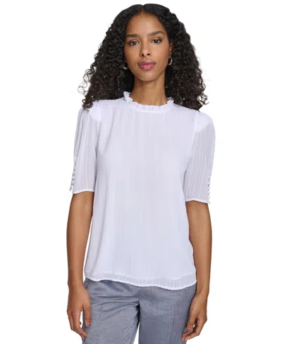 Calvin Klein Women's Ruffled Neck Buttoned-sleeve Blouse In White