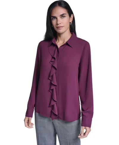 Calvin Klein Women's Ruffle-front Long-sleeve Blouse In Port