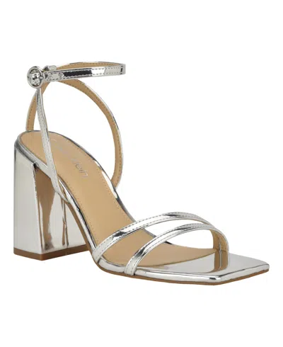 Calvin Klein Women's Sassa Block Heel Square Toe Dress Sandals In Silver Mirror Metallic