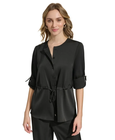 Calvin Klein Women's Satin Drawstring-waist Button Front Blouse In Black