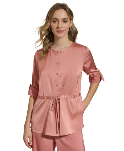 Calvin Klein Women's Satin Drawstring-waist Button Front Blouse In Desert Rose