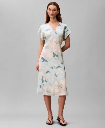 Calvin Klein Satin Print Midi Dress In Multi