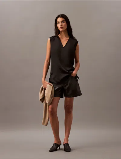 Calvin Klein Women's Satin Sleeveless V Neck Blouse In Black Beauty