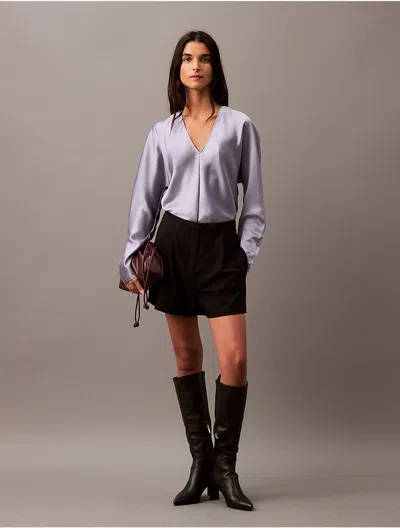 Calvin Klein Women's Satin V-neck Blouse In Lilac Gray