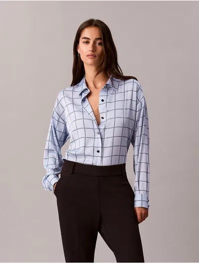 Calvin Klein Women's Satin Windowpane Button-down Shirt In Blue