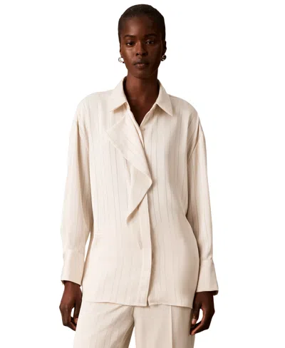 Calvin Klein Women's Satin-stripe Long-sleeve Blouse In Sea Salt
