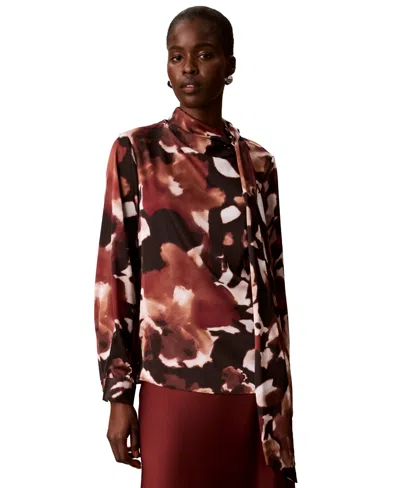 Calvin Klein Women's Scarf Neck Long-sleeve Print Blouse In Brown