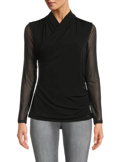 Calvin Klein Women's Semi Sheer Sleeve Draped Top In Black