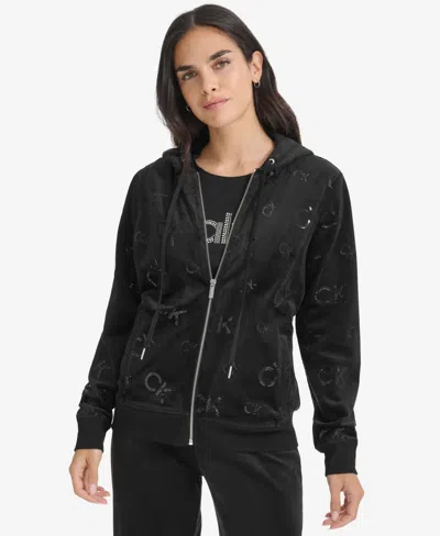 Calvin Klein Women's Sequin-logo Velour Zip-front Hoodie In Black