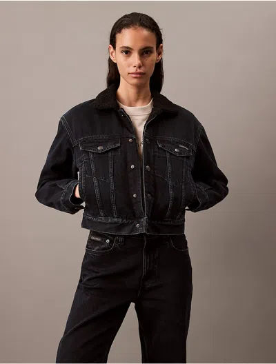 Calvin Klein Women's Sherpa Denim Trucker Jacket In Blue Black Stone